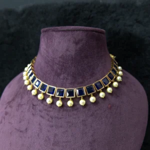 SN 058 Blue Cut Stone Necklace With Earrings